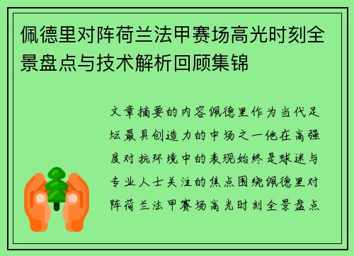 佩德里对阵荷兰法甲赛场高光时刻全景盘点与技术解析回顾集锦