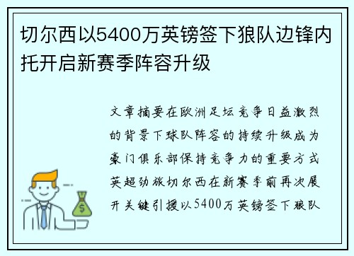 切尔西以5400万英镑签下狼队边锋内托开启新赛季阵容升级
